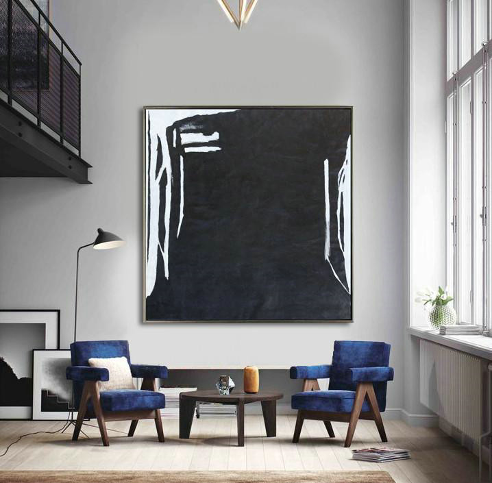 Hand Made Abstract Art,Oversized Minimal Black And White Painting - Artwork For Sale